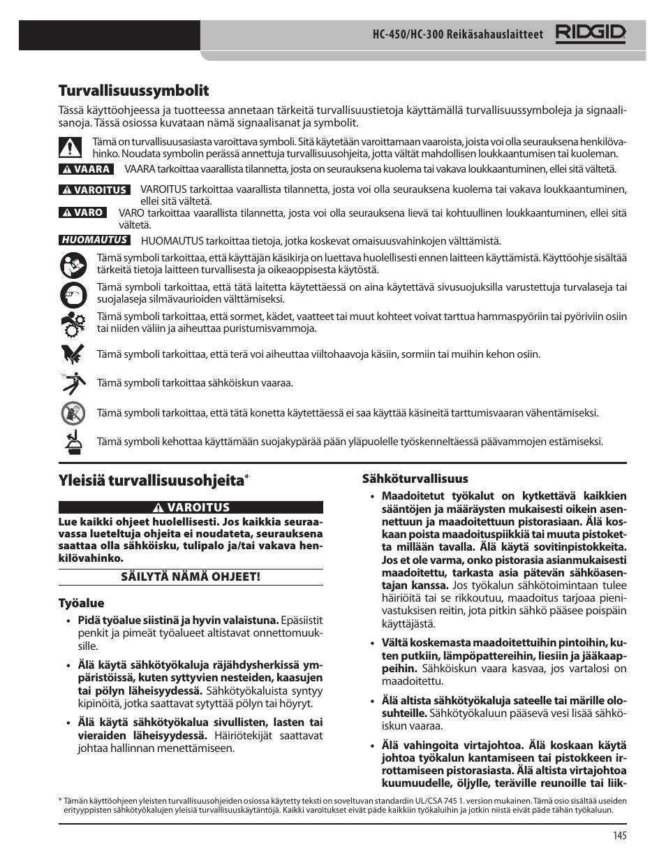 Turvallisuussymbolit, Yleisiä turvallisuusohjeita | RIDGID HC-300 User Manual | Page 147 / 320