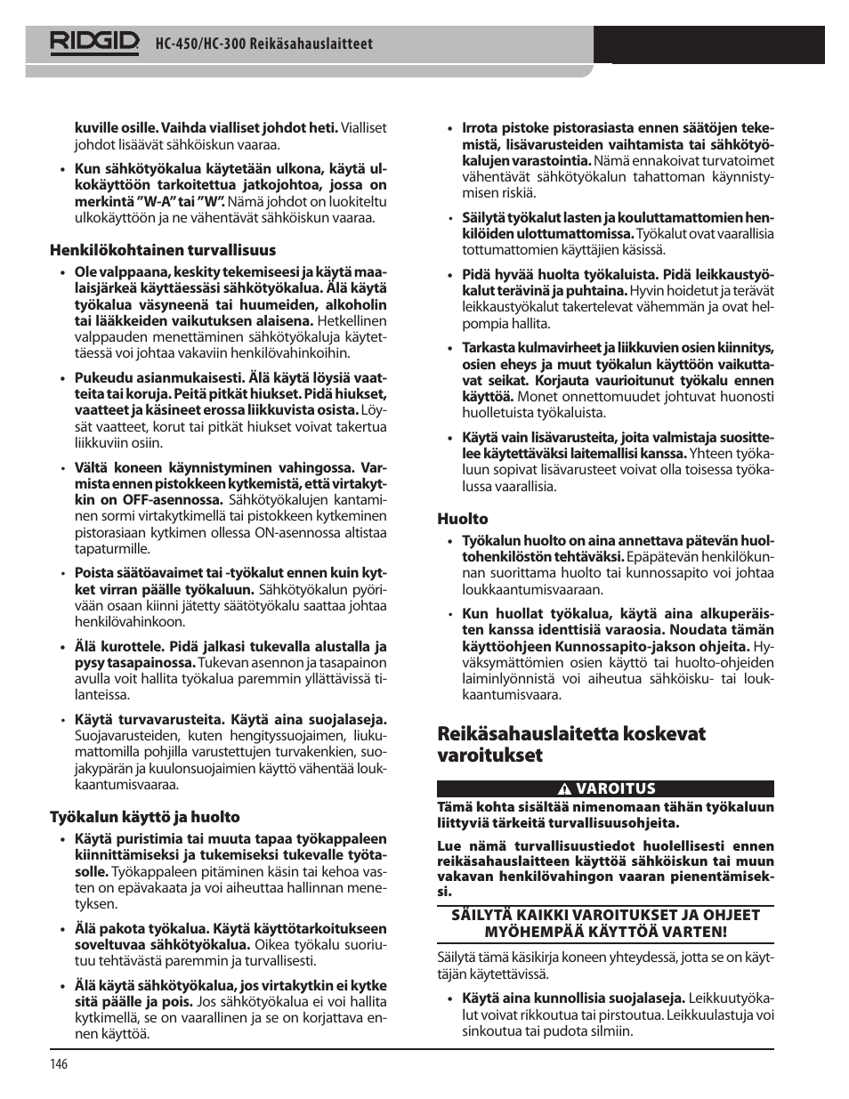 Reikäsahauslaitetta koskevat varoitukset | RIDGID HC-300 User Manual | Page 148 / 320