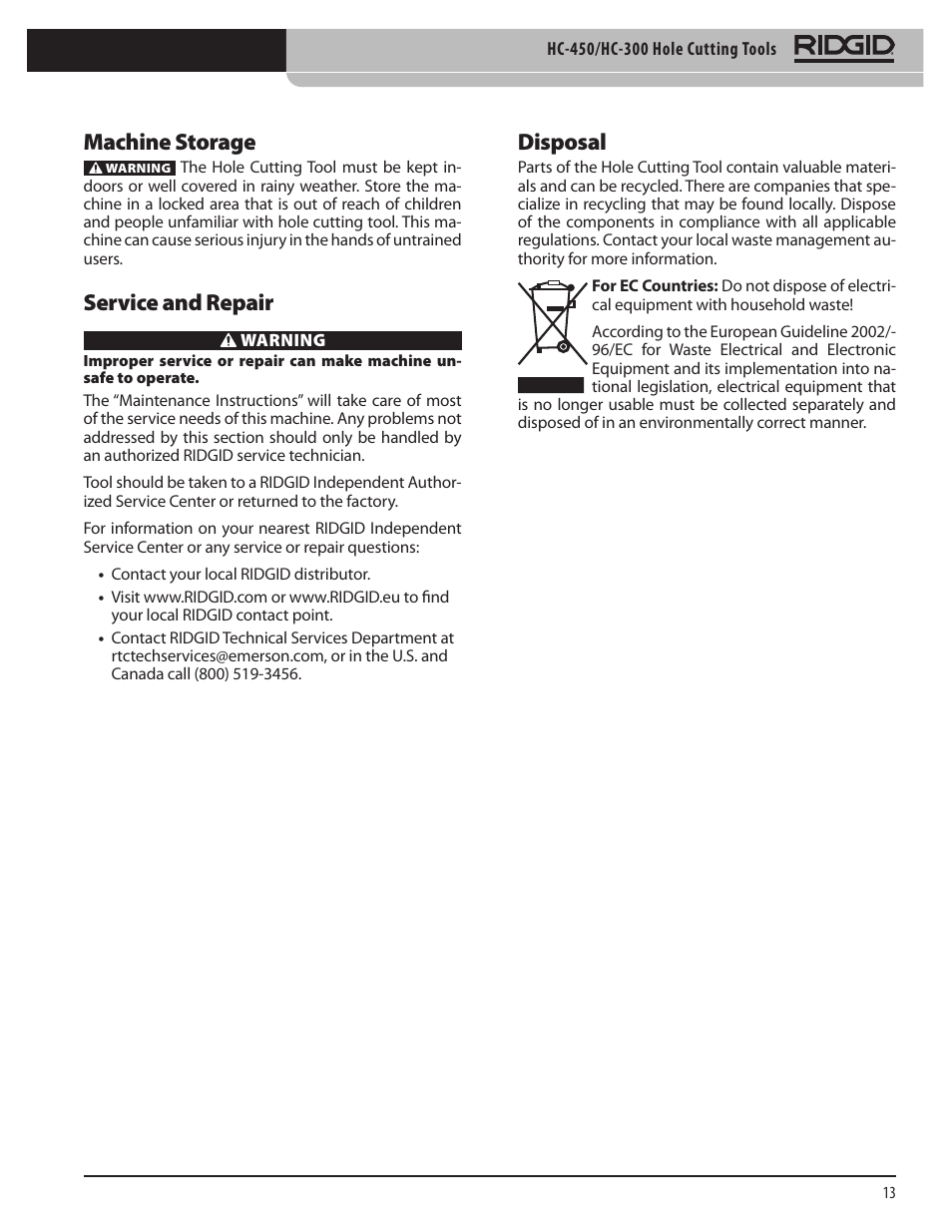 Machine storage, Service and repair, Disposal | RIDGID HC-300 User Manual | Page 15 / 320