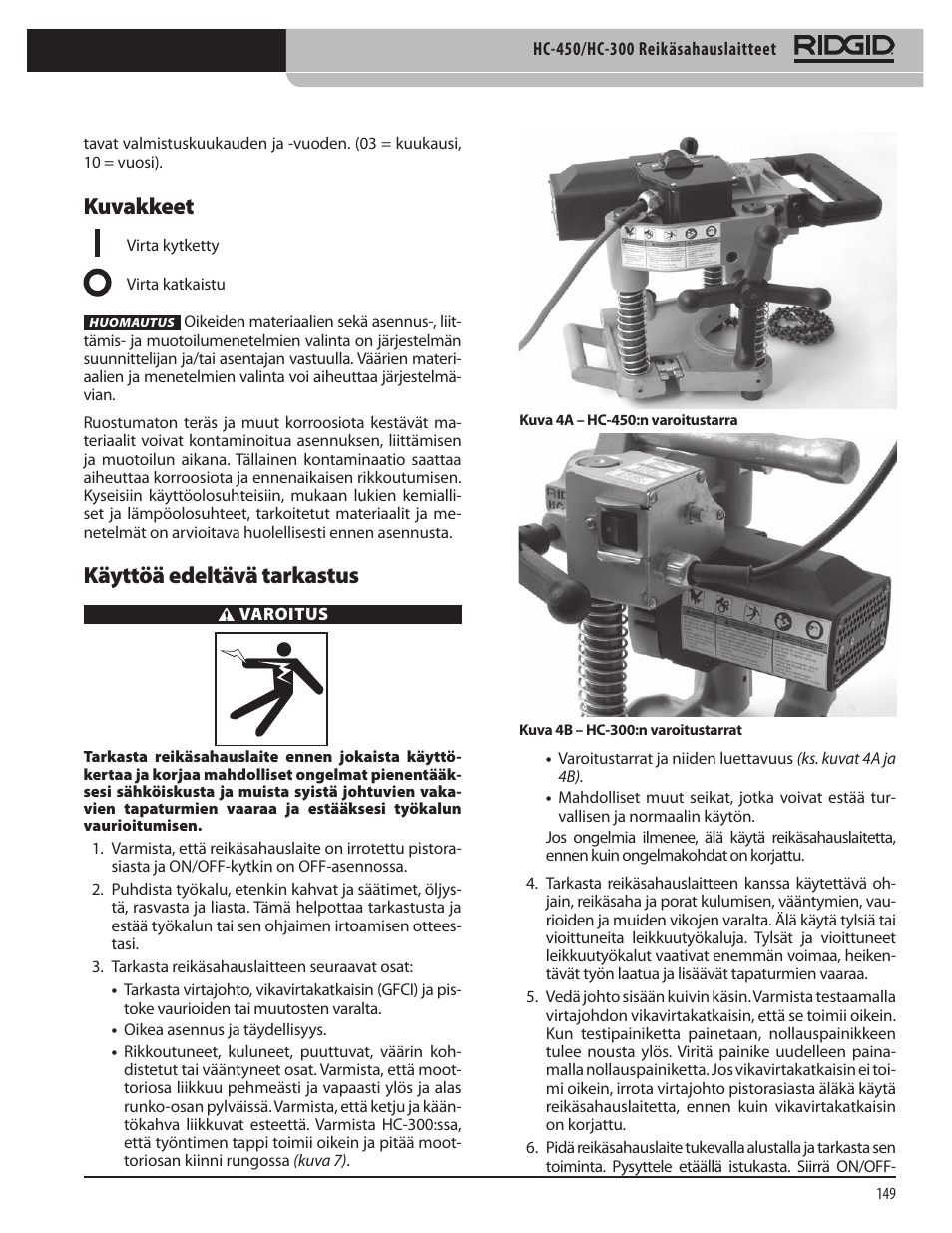 Kuvakkeet, Käyttöä edeltävä tarkastus | RIDGID HC-300 User Manual | Page 151 / 320