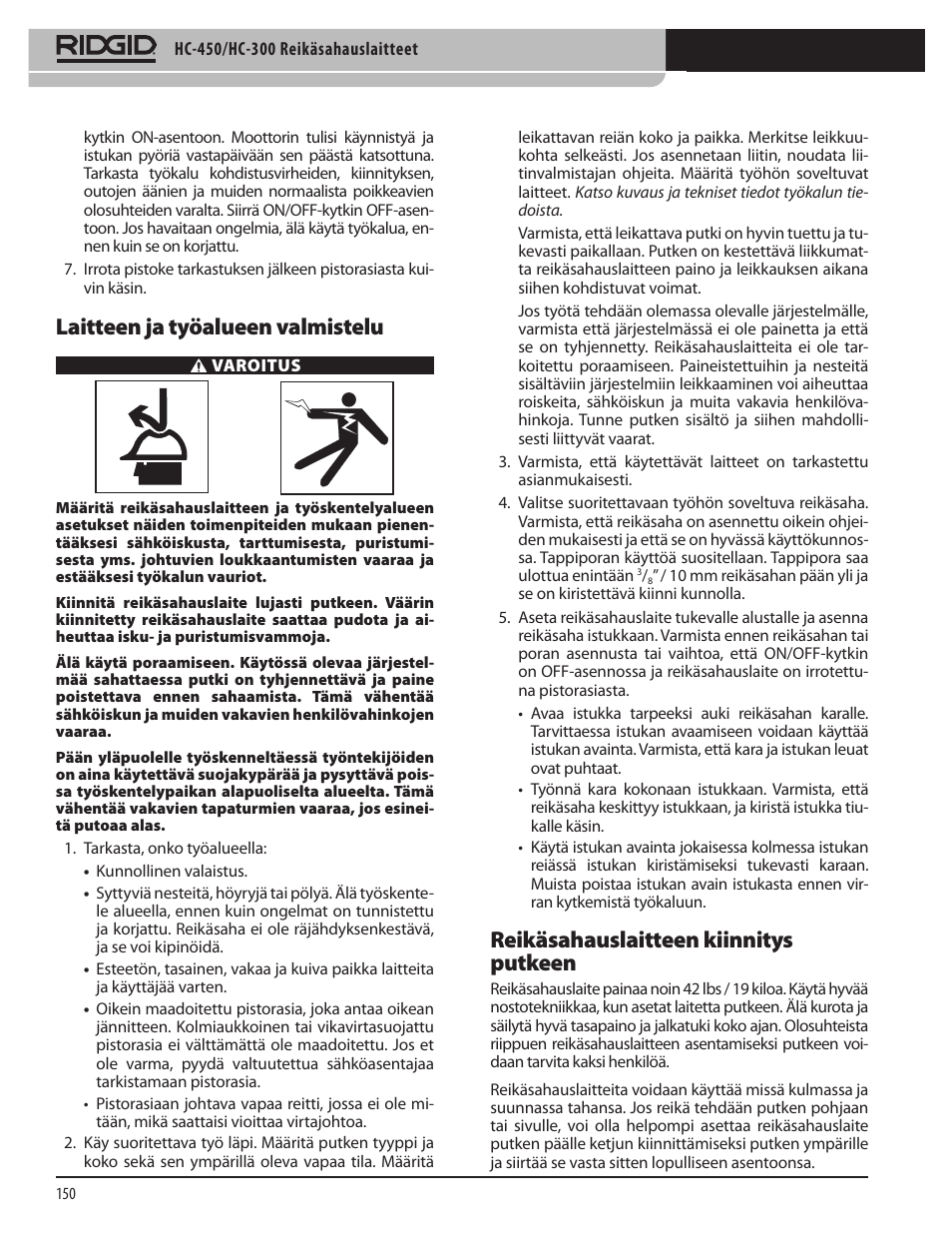 Laitteen ja työalueen valmistelu, Reikäsahauslaitteen kiinnitys putkeen | RIDGID HC-300 User Manual | Page 152 / 320