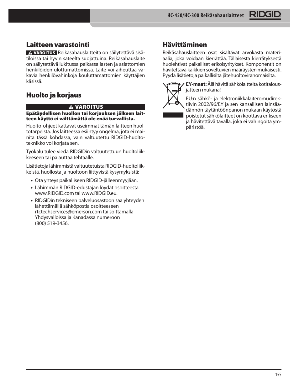 Laitteen varastointi, Huolto ja korjaus, Hävittäminen | RIDGID HC-300 User Manual | Page 157 / 320