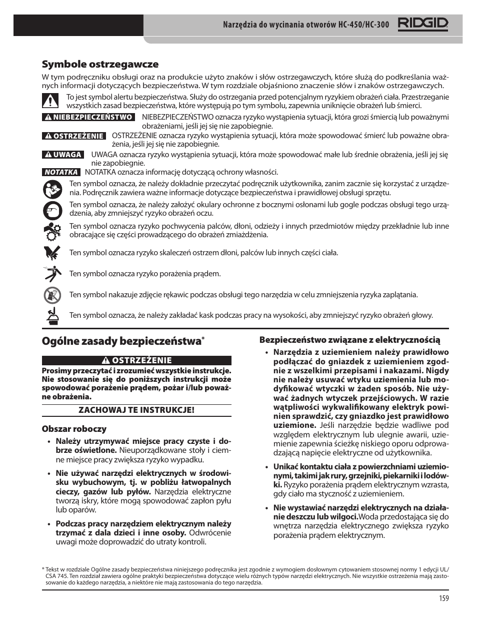 Ogólne zasady bezpieczeństwa, Symbole ostrzegawcze | RIDGID HC-300 User Manual | Page 161 / 320