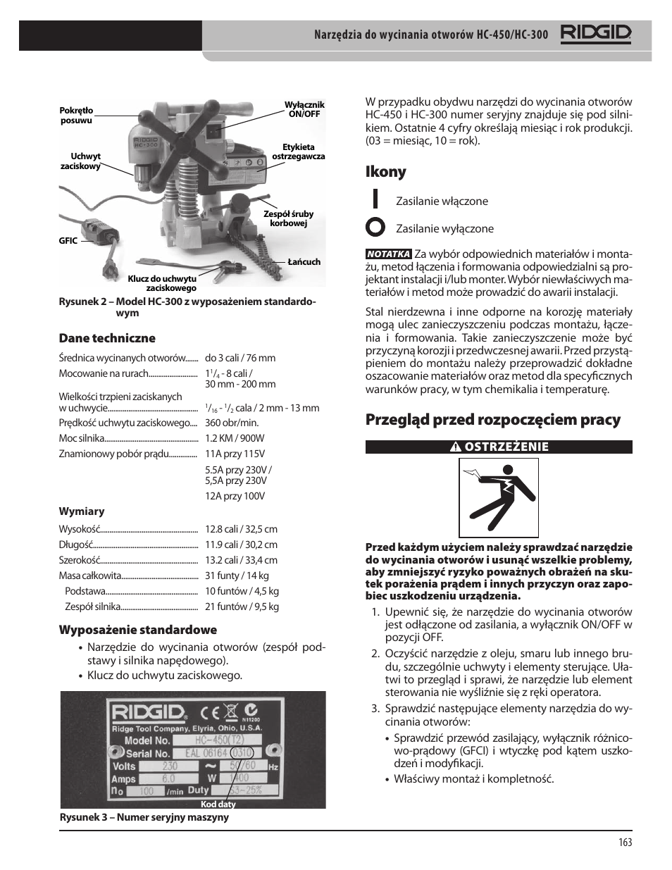 Ikony, Przegląd przed rozpoczęciem pracy | RIDGID HC-300 User Manual | Page 165 / 320
