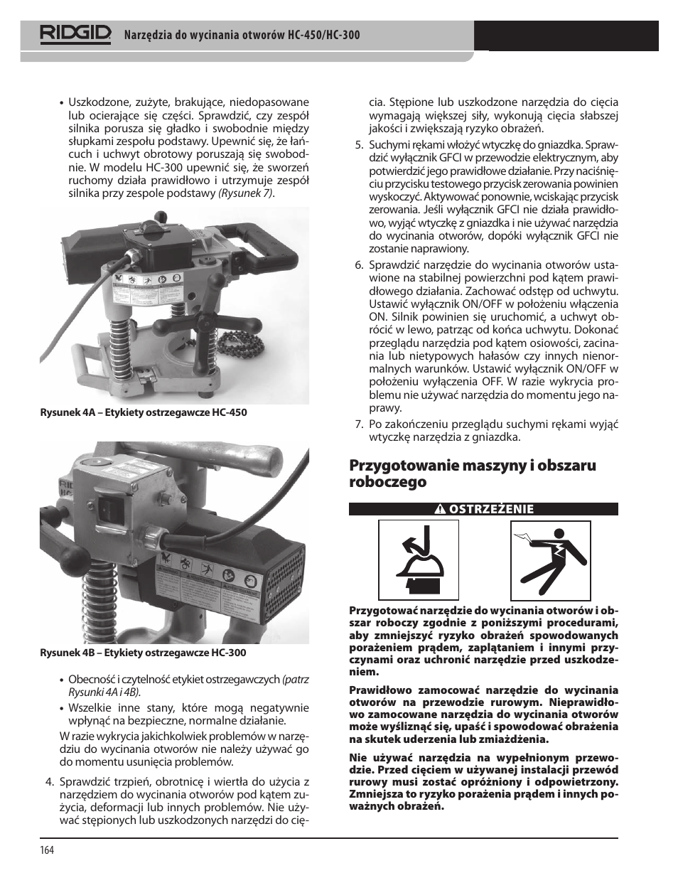 Przygotowanie maszyny i obszaru roboczego | RIDGID HC-300 User Manual | Page 166 / 320