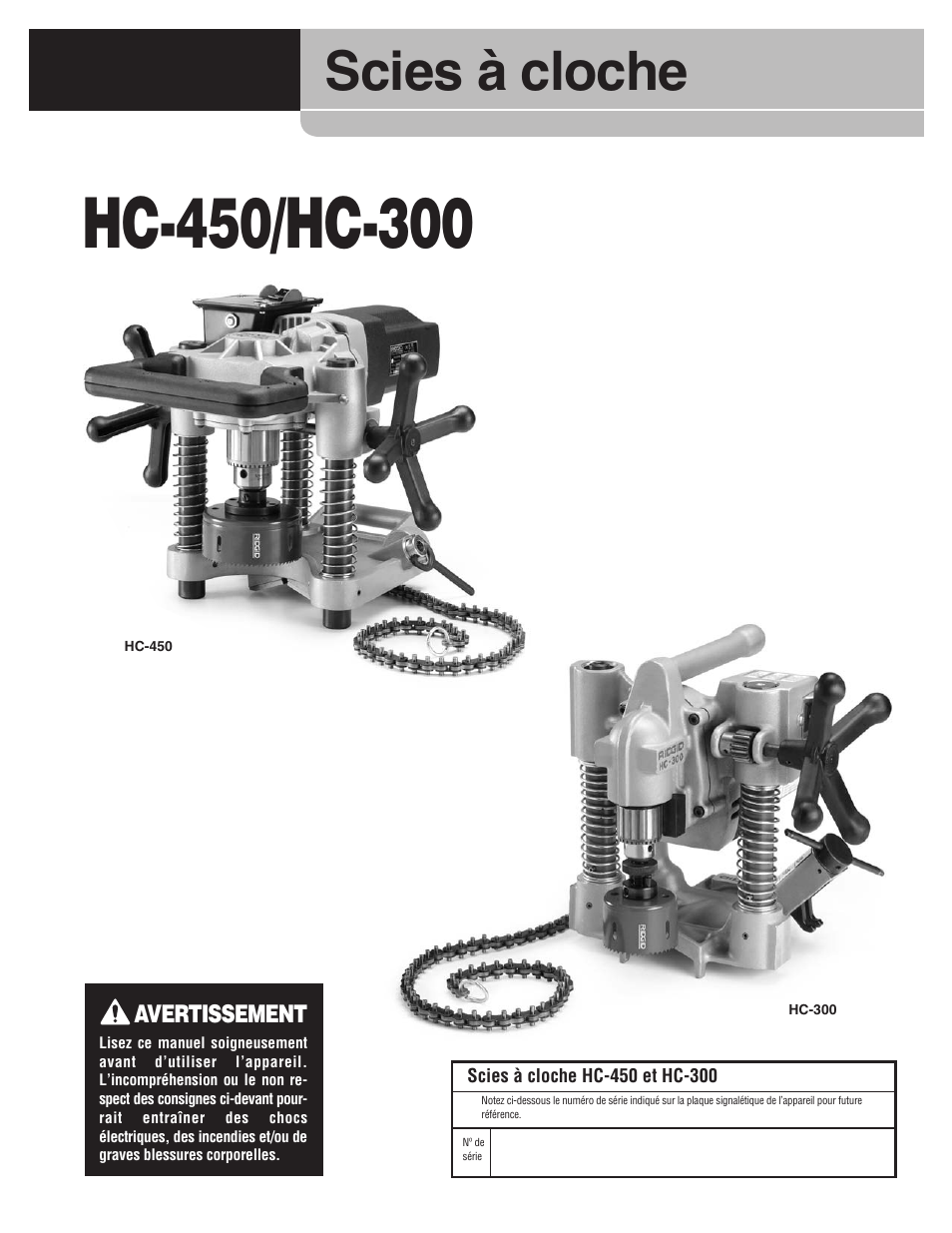Scies à cloche, Avertissement | RIDGID HC-300 User Manual | Page 17 / 320