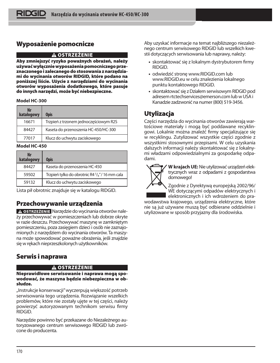 Wyposażenie pomocnicze, Przechowywanie urządzenia, Serwis i naprawa | Utylizacja | RIDGID HC-300 User Manual | Page 172 / 320