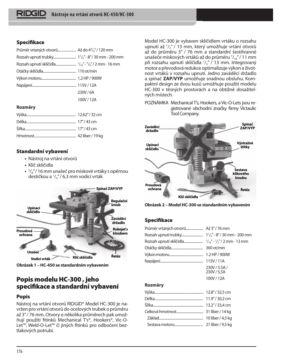 Specifikace, Standardní vybavení, Popis | RIDGID HC-300 User Manual | Page 178 / 320