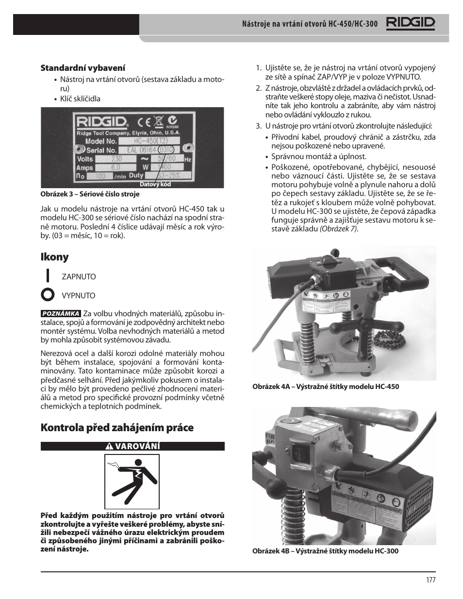 Ikony, Kontrola před zahájením práce | RIDGID HC-300 User Manual | Page 179 / 320