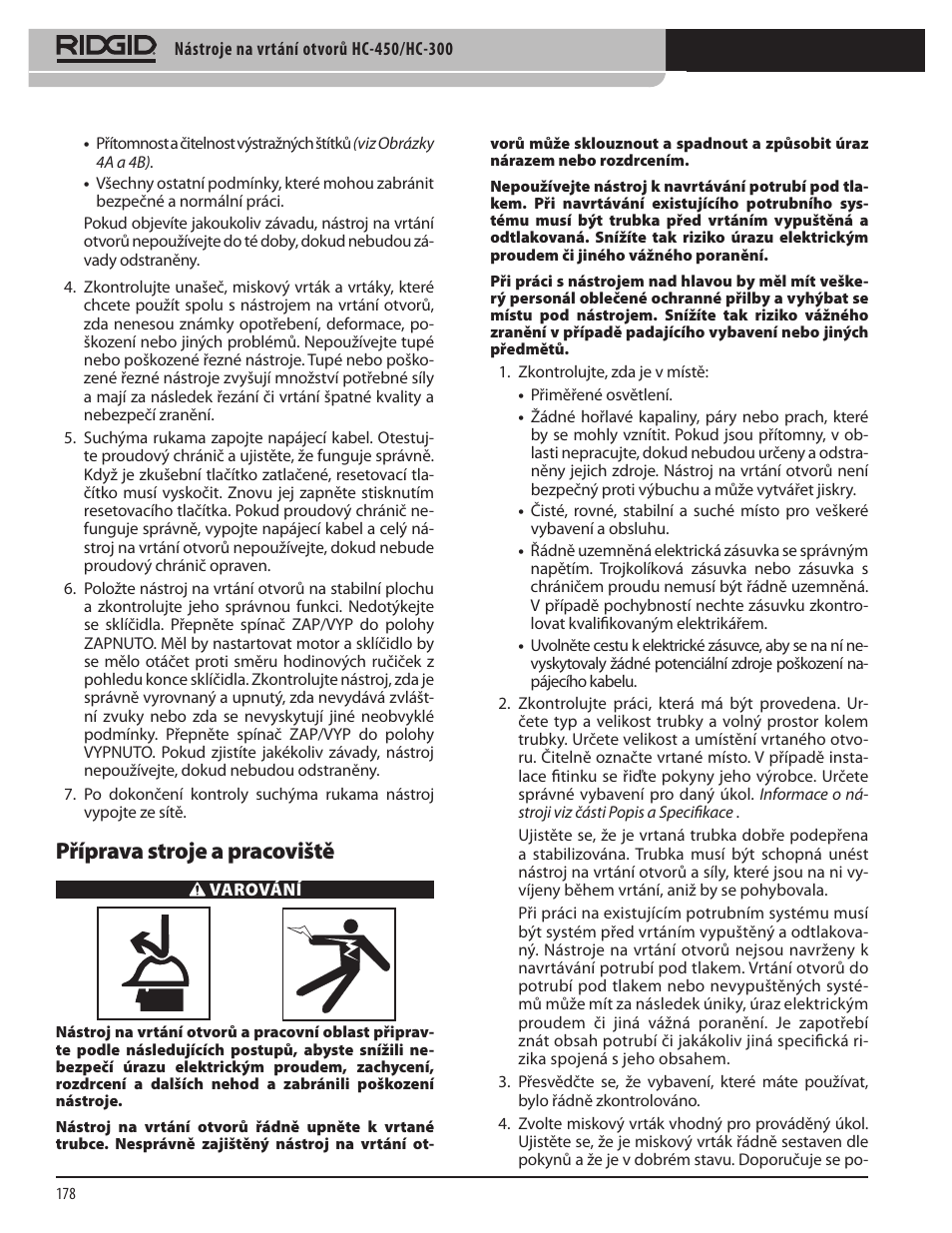 Příprava stroje a pracoviště | RIDGID HC-300 User Manual | Page 180 / 320