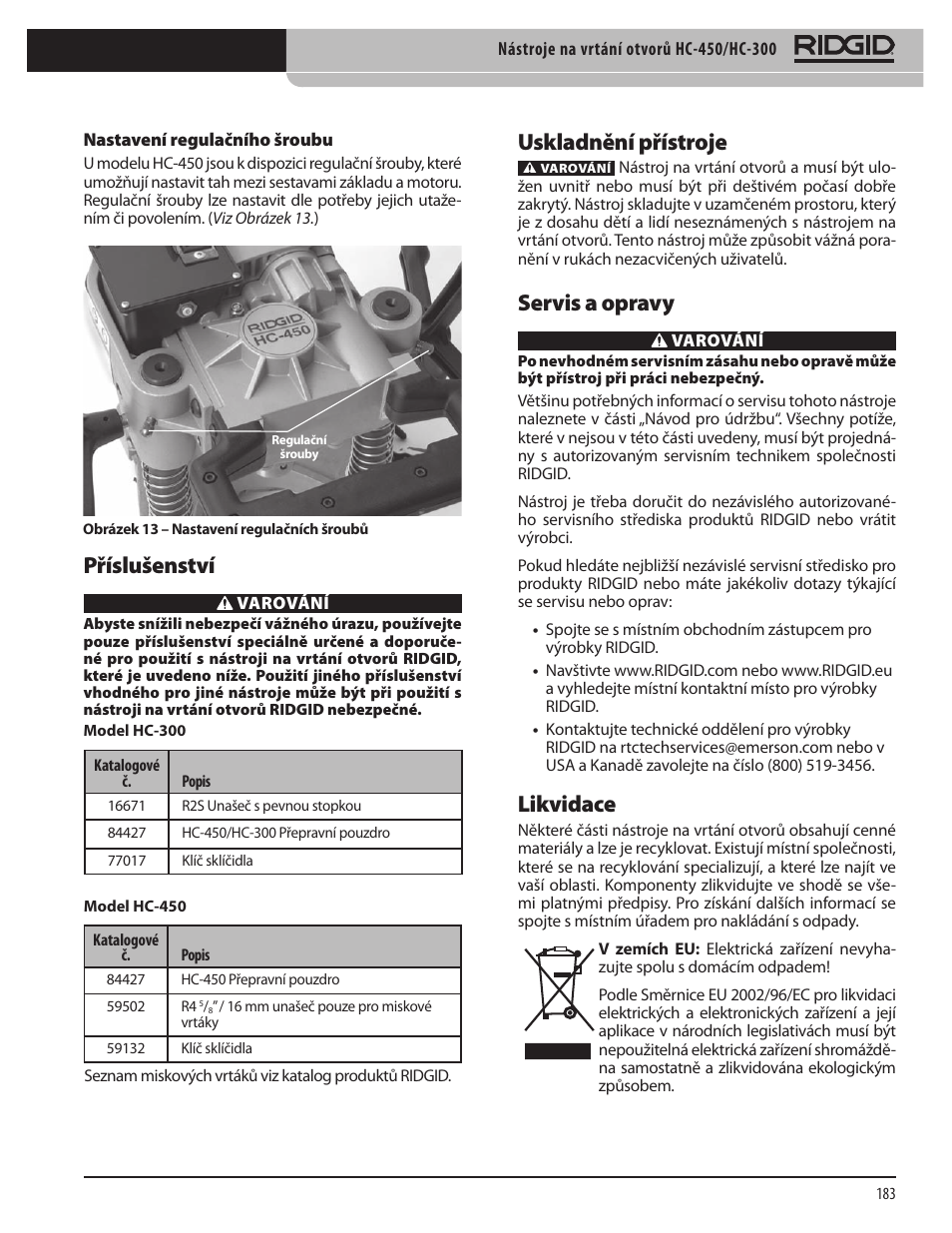 Příslušenství, Uskladnění přístroje, Servis a opravy | Likvidace | RIDGID HC-300 User Manual | Page 185 / 320