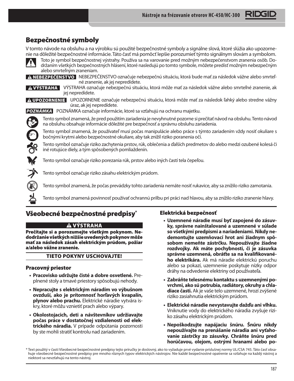 Bezpečnostné symboly, Všeobecné bezpečnostné predpisy | RIDGID HC-300 User Manual | Page 189 / 320