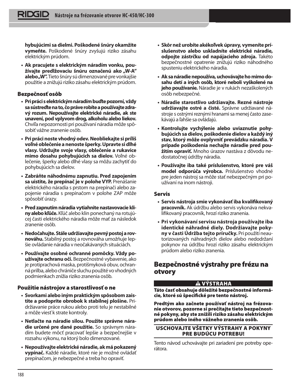 Bezpečnostné výstrahy pre frézu na otvory | RIDGID HC-300 User Manual | Page 190 / 320