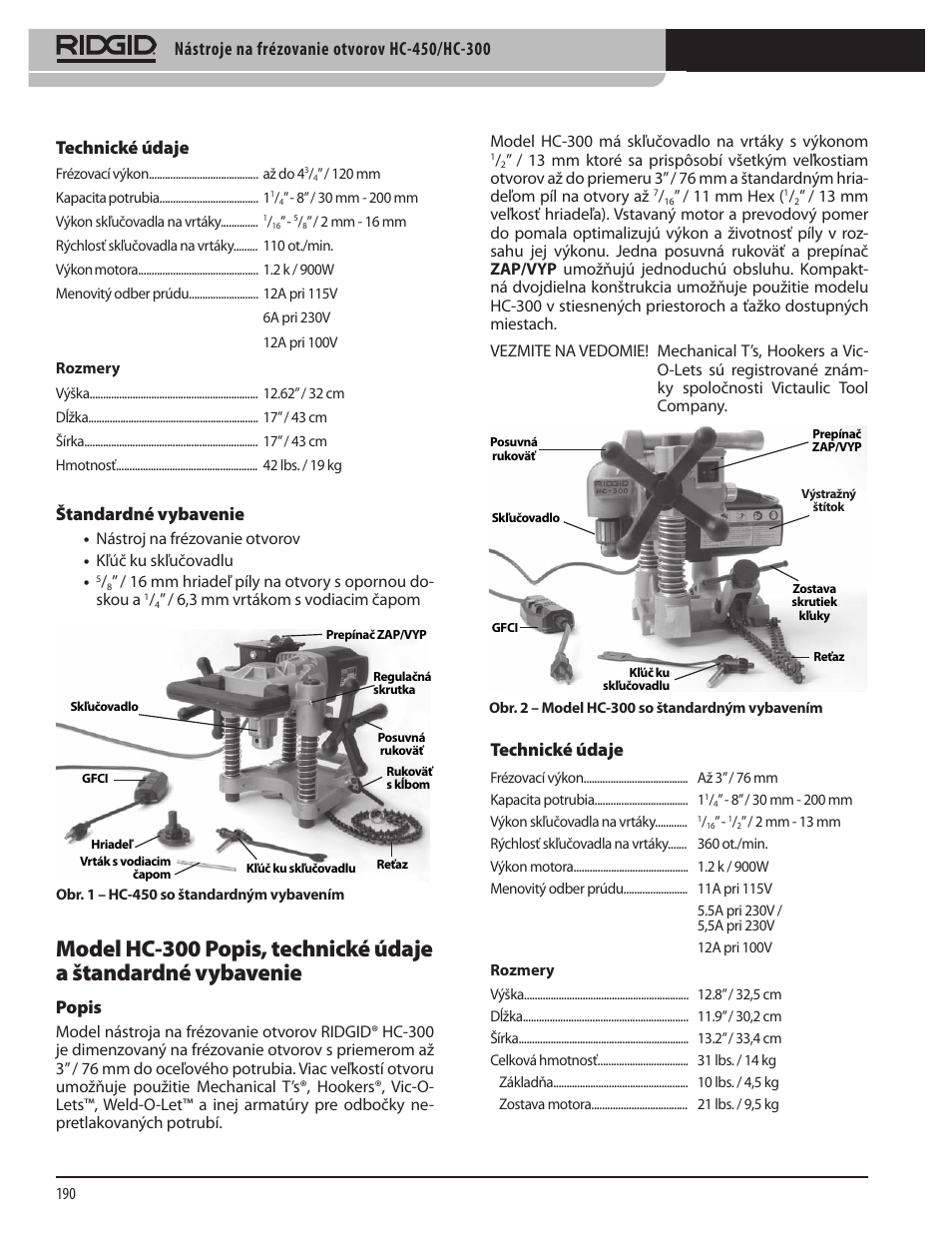 Technické údaje, Štandardné vybavenie, Popis | RIDGID HC-300 User Manual | Page 192 / 320