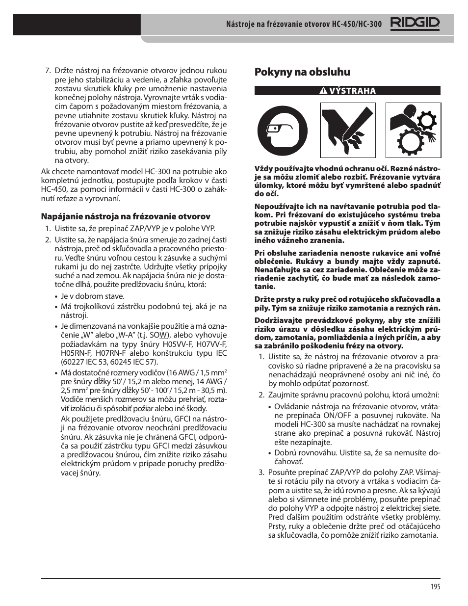 Pokyny na obsluhu | RIDGID HC-300 User Manual | Page 197 / 320