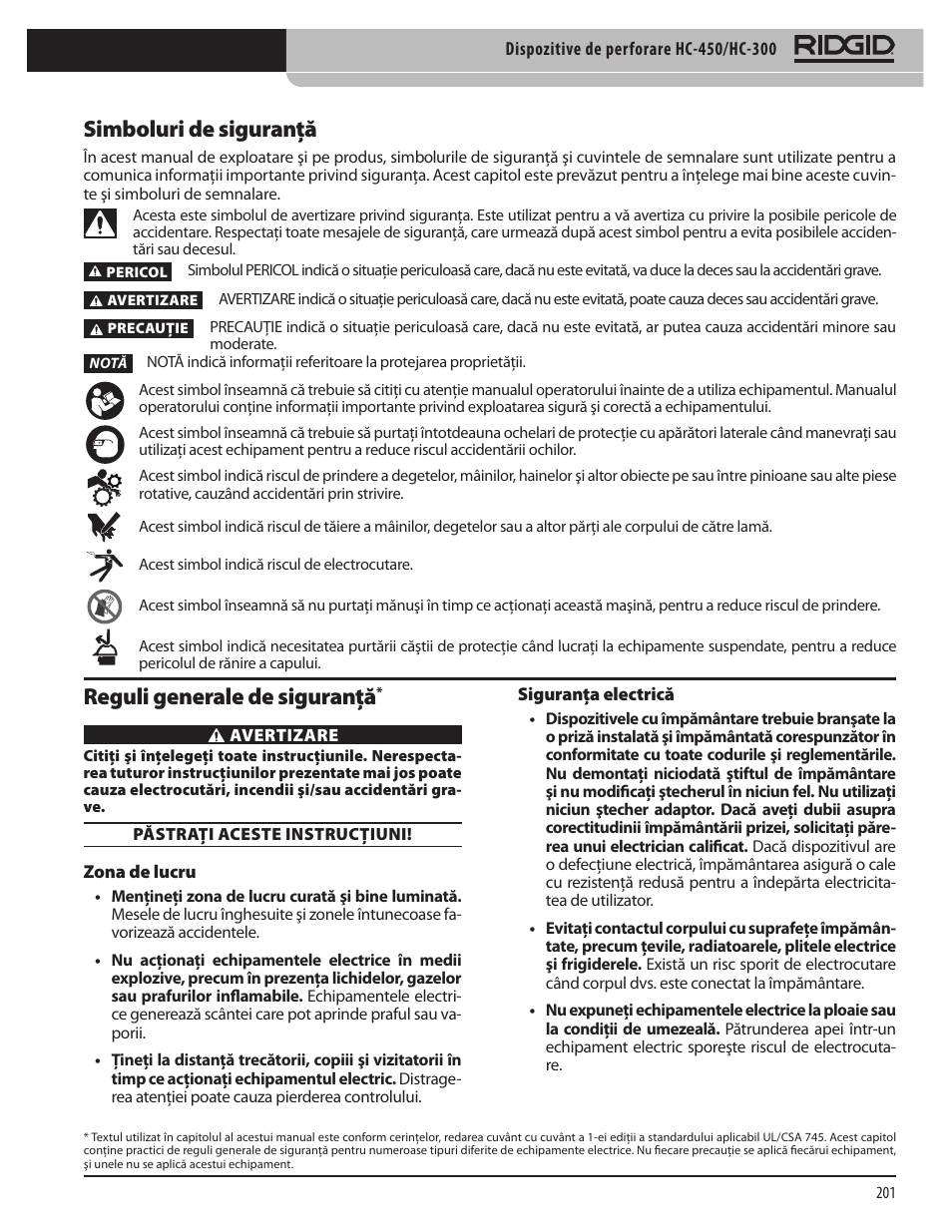 Simboluri de siguranţă, Reguli generale de siguranţă | RIDGID HC-300 User Manual | Page 203 / 320