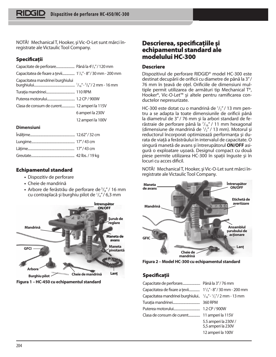 Descriere, Specificaţii, Echipamentul standard | RIDGID HC-300 User Manual | Page 206 / 320