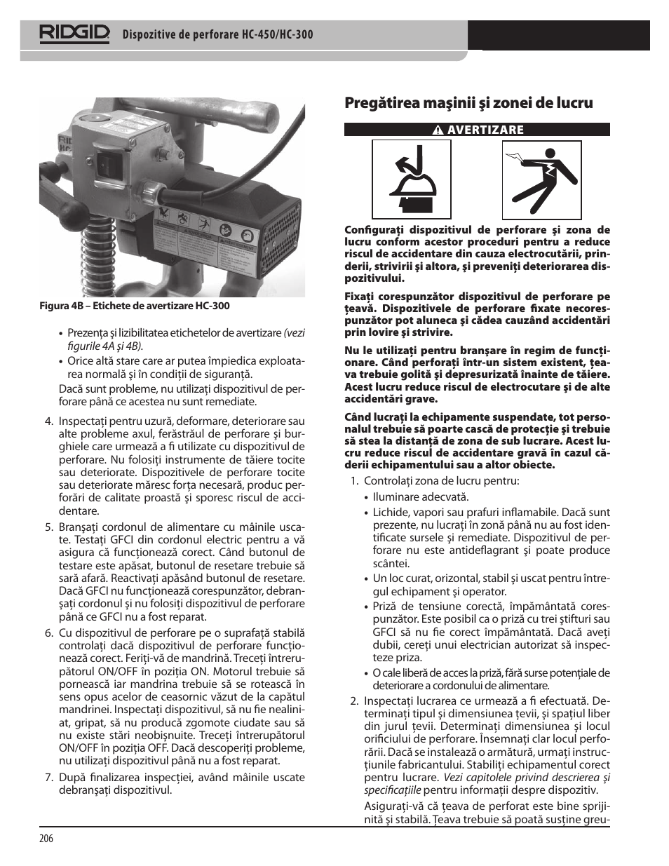 Pregătirea maşinii şi zonei de lucru | RIDGID HC-300 User Manual | Page 208 / 320