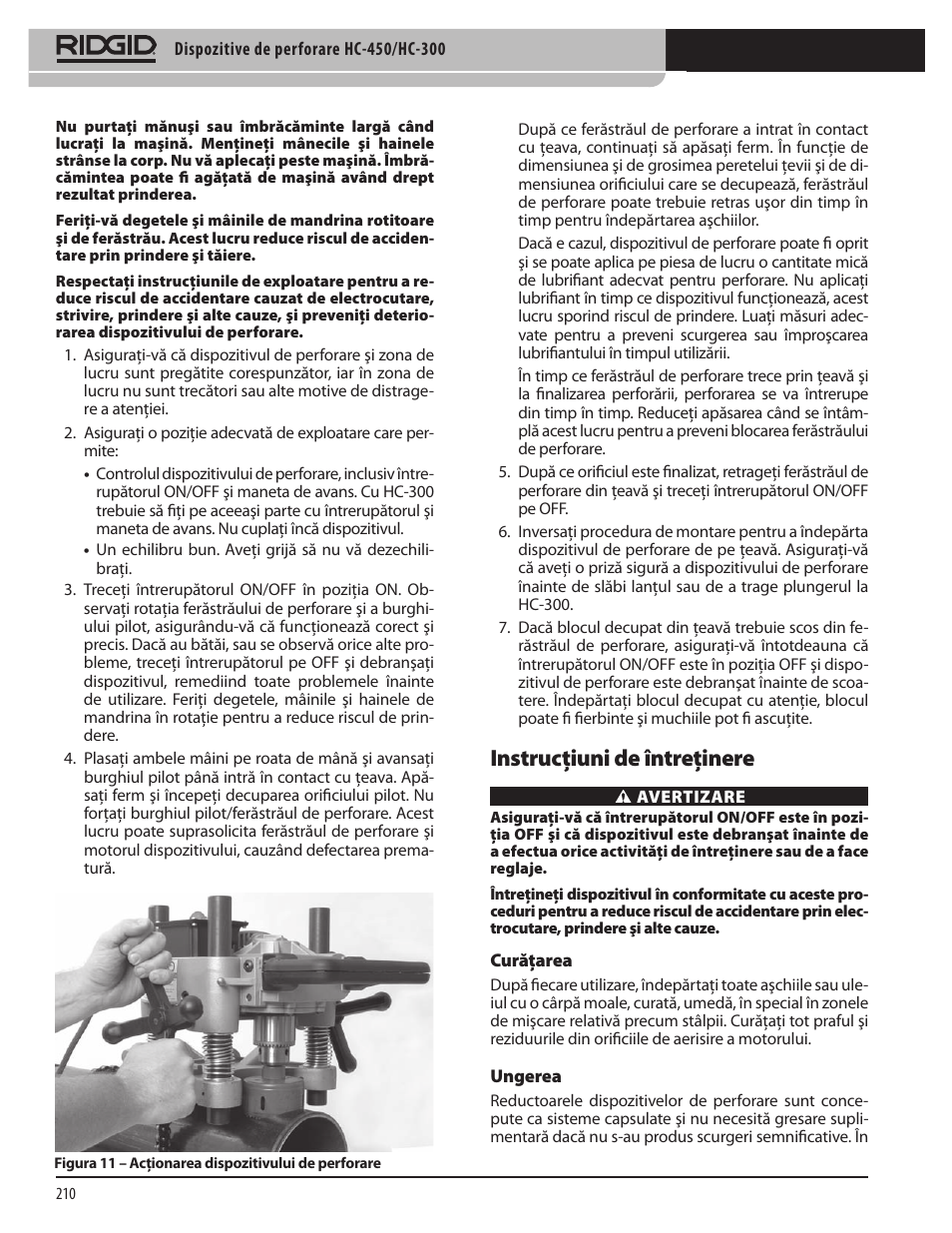 Instrucţiuni de întreţinere | RIDGID HC-300 User Manual | Page 212 / 320