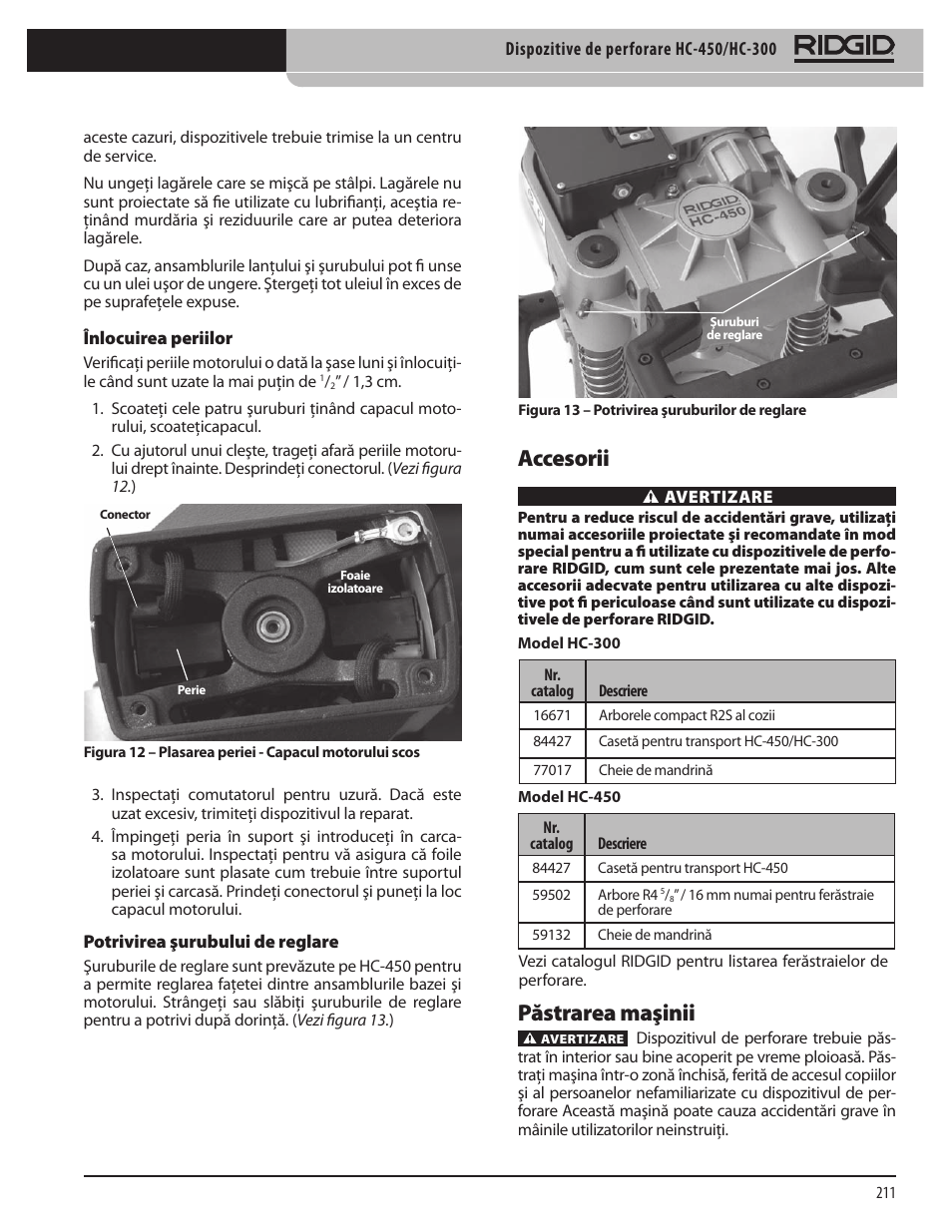 Accesorii, Păstrarea maşinii | RIDGID HC-300 User Manual | Page 213 / 320