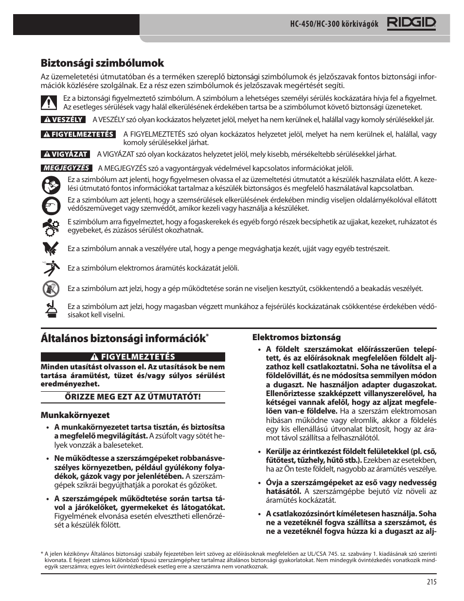 Biztonsági szimbólumok, Általános biztonsági információk | RIDGID HC-300 User Manual | Page 217 / 320
