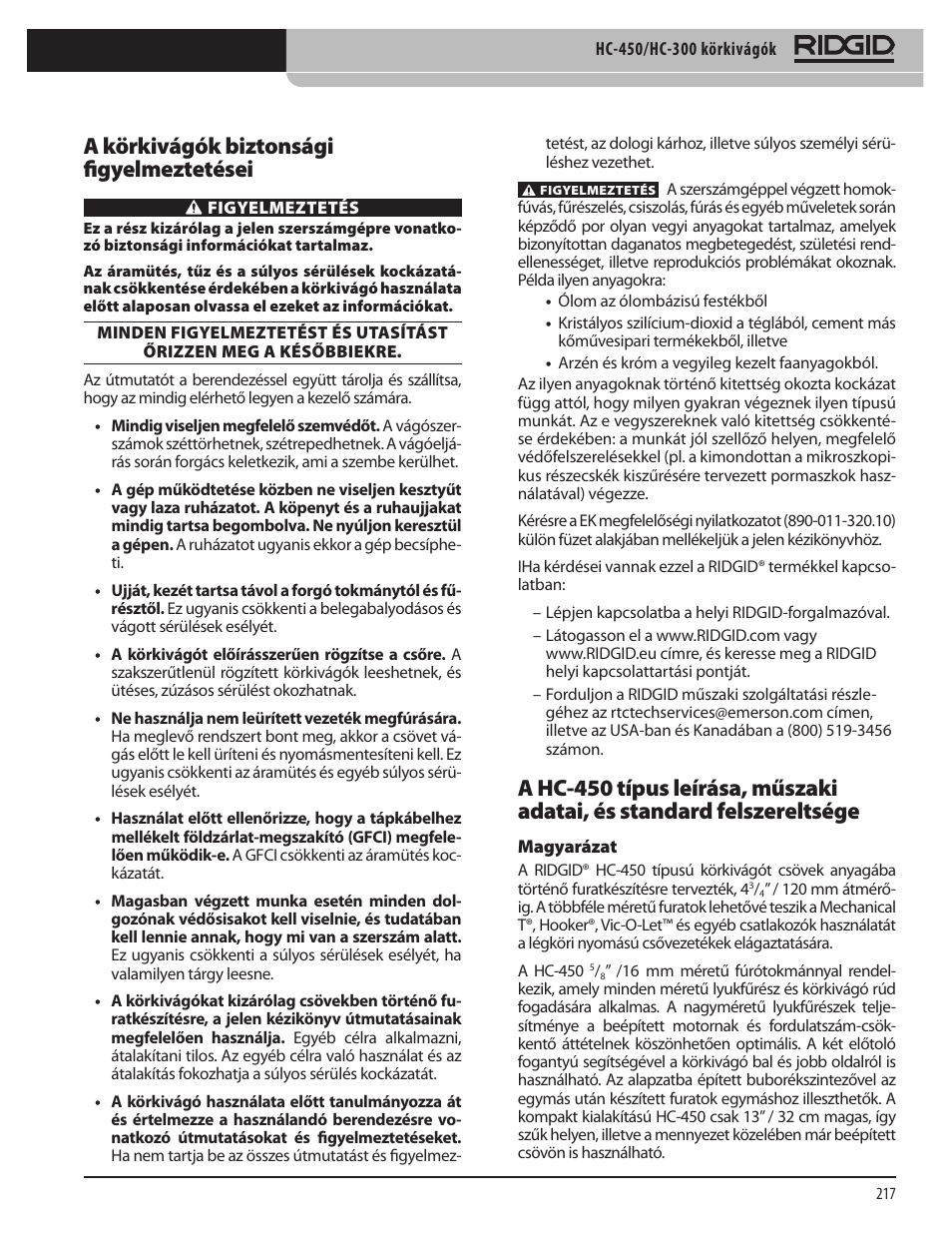 A körkivágók biztonsági figyelmeztetései | RIDGID HC-300 User Manual | Page 219 / 320