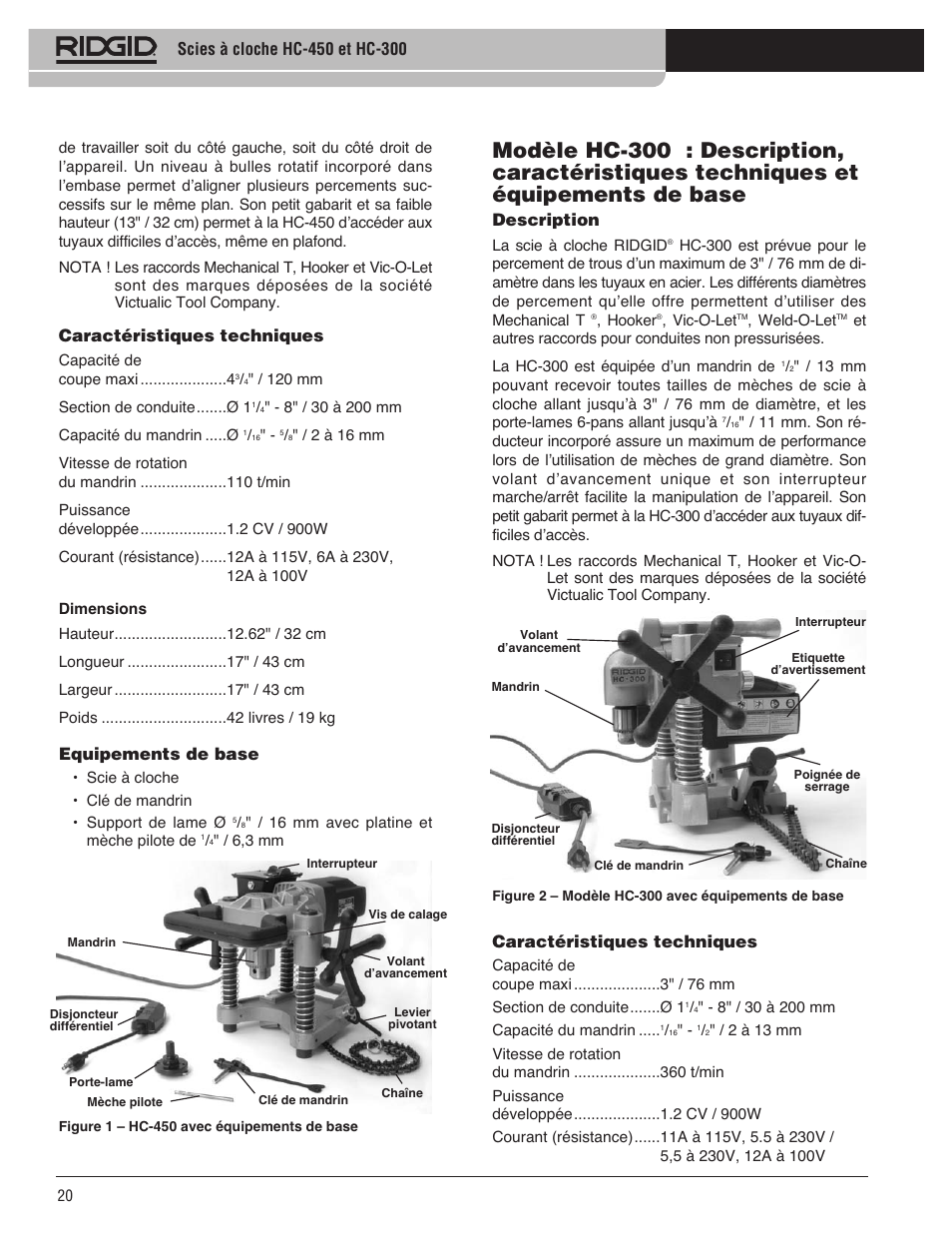 Description, Caractéristiques techniques, Equipements de base | RIDGID HC-300 User Manual | Page 22 / 320