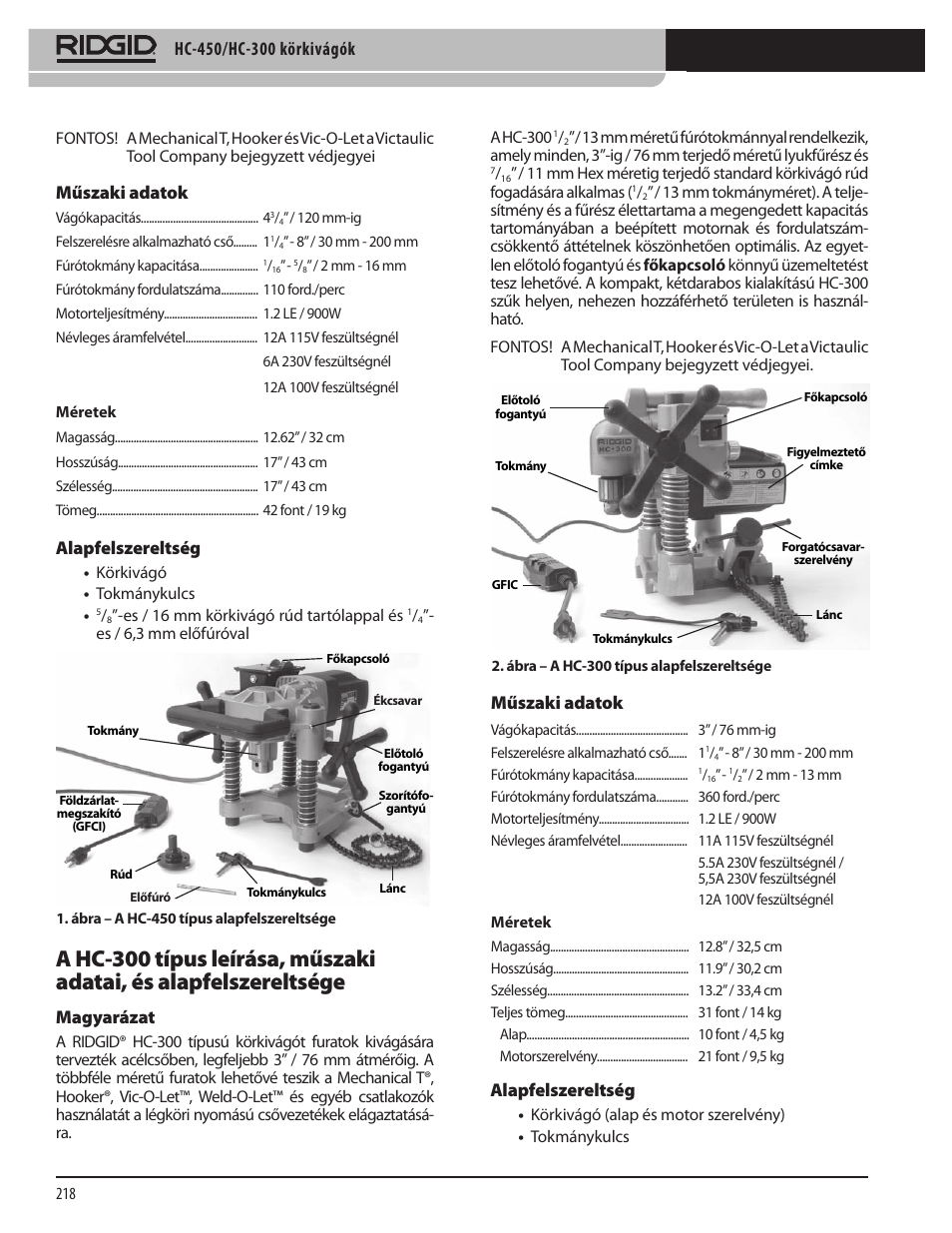 Alapfelszereltség, Műszaki adatok, Magyarázat | RIDGID HC-300 User Manual | Page 220 / 320