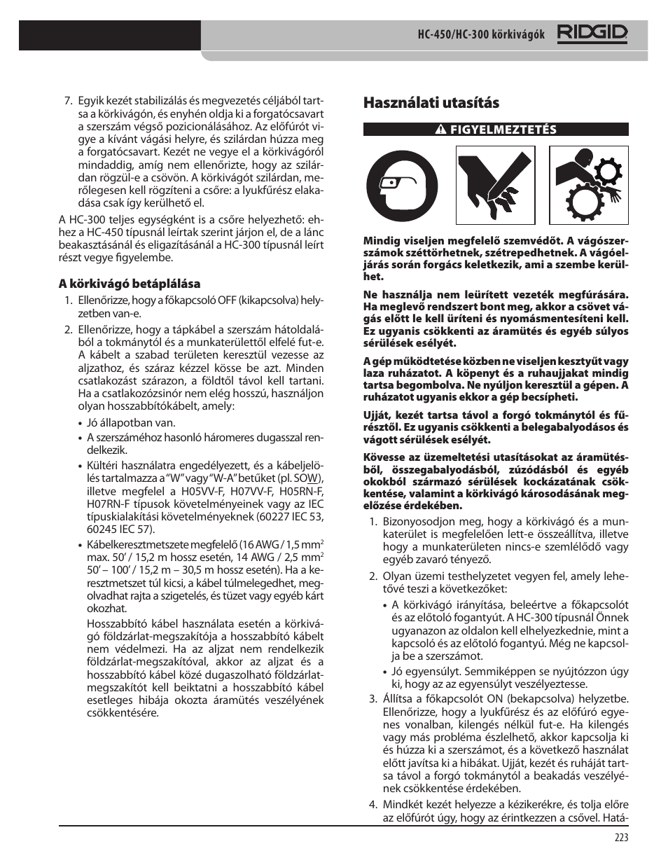 Használati utasítás | RIDGID HC-300 User Manual | Page 225 / 320