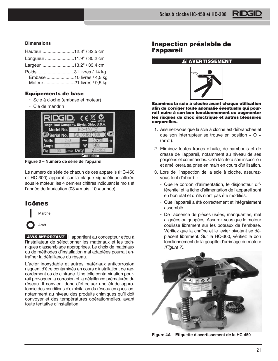 Inspection préalable de l’appareil, Icônes | RIDGID HC-300 User Manual | Page 23 / 320