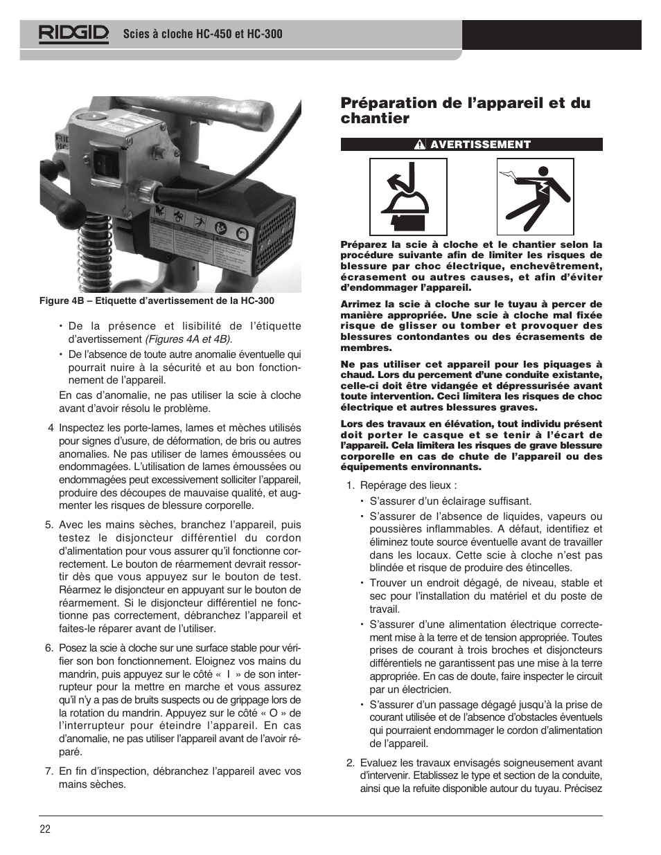 Préparation de l’appareil et du chantier | RIDGID HC-300 User Manual | Page 24 / 320