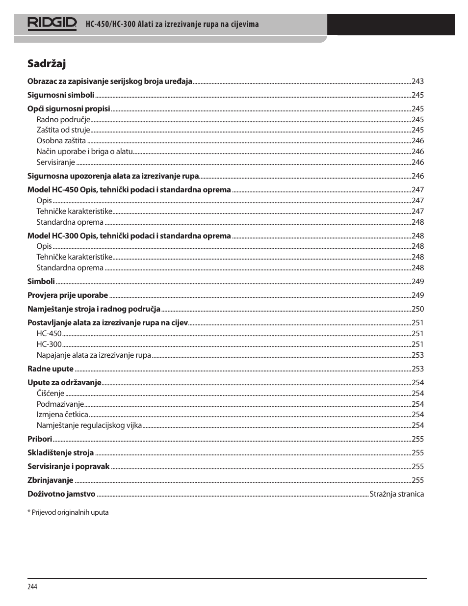 Sadržaj | RIDGID HC-300 User Manual | Page 246 / 320