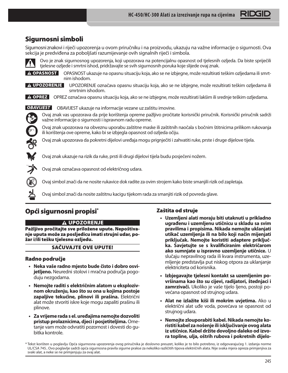 Sigurnosni simboli, Opći sigurnosni propisi | RIDGID HC-300 User Manual | Page 247 / 320