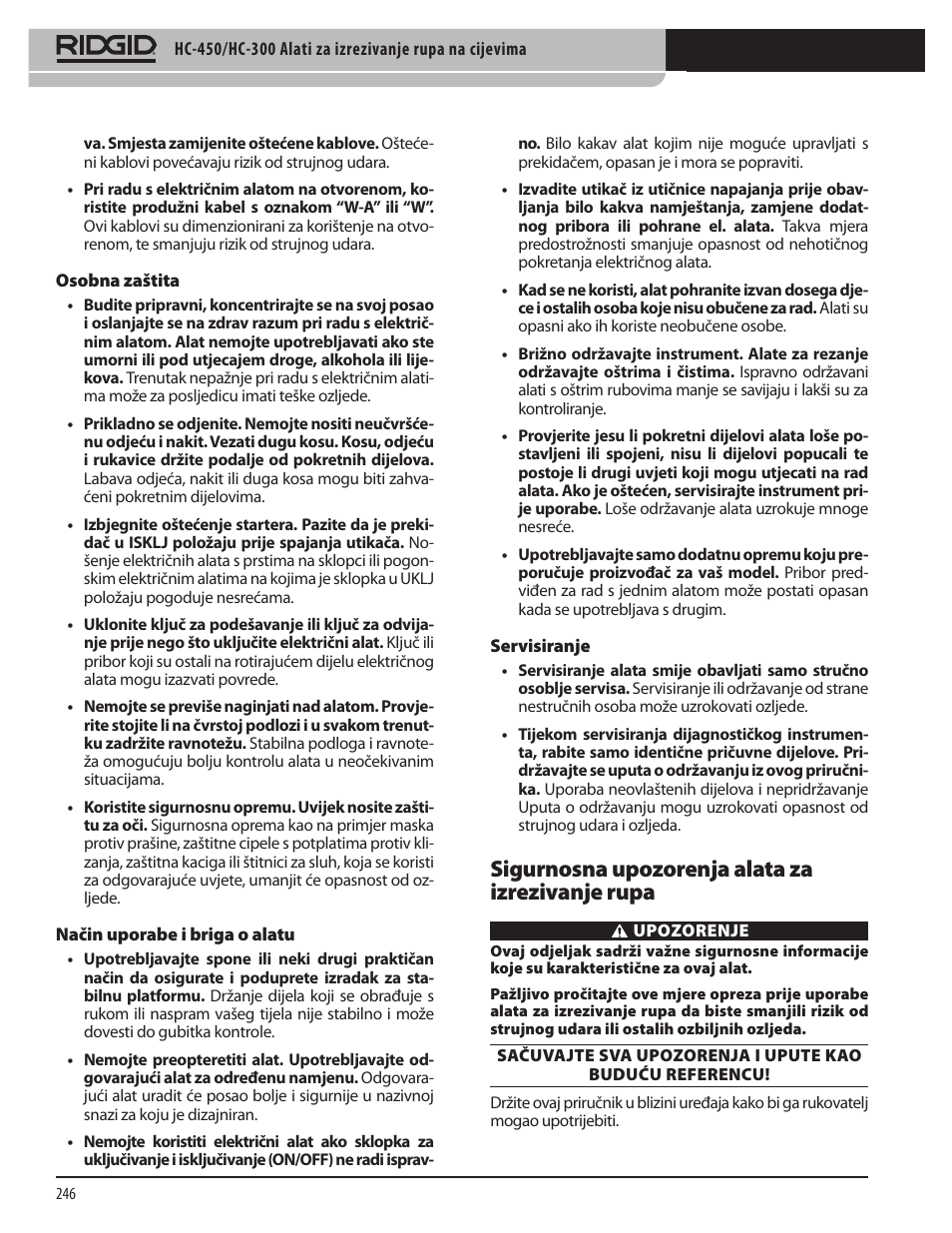 Sigurnosna upozorenja alata za izrezivanje rupa | RIDGID HC-300 User Manual | Page 248 / 320