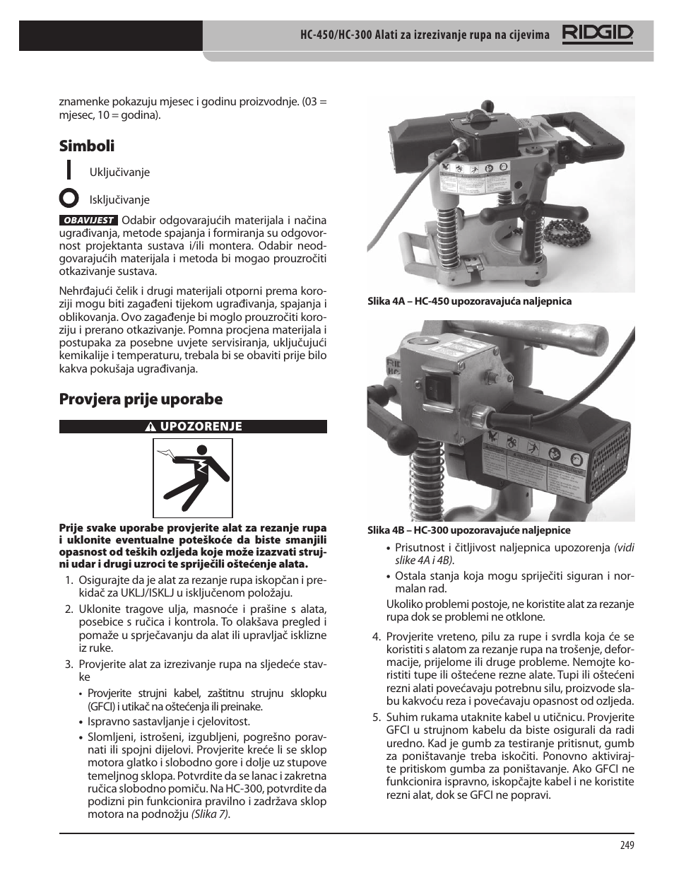 Simboli, Provjera prije uporabe | RIDGID HC-300 User Manual | Page 251 / 320