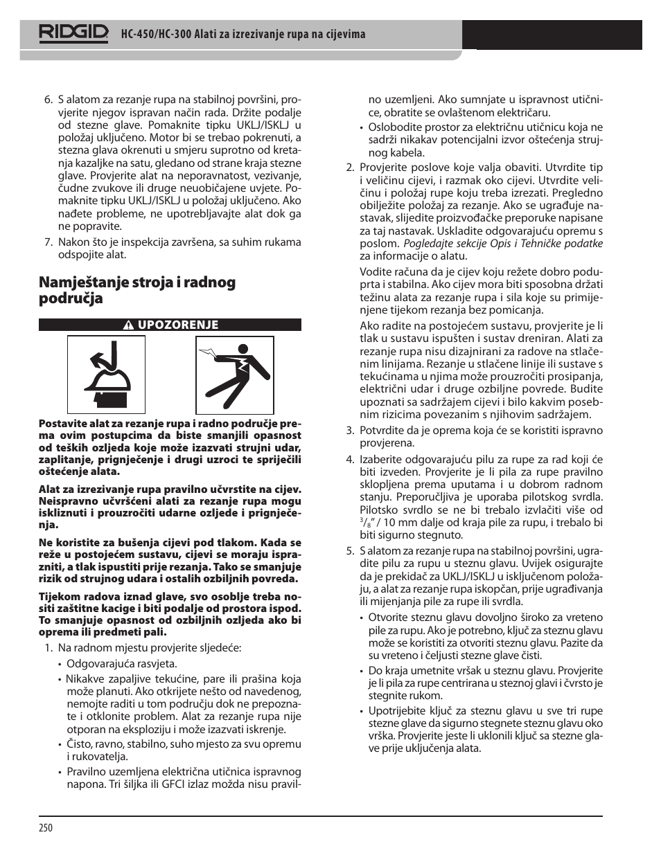 Namještanje stroja i radnog područja | RIDGID HC-300 User Manual | Page 252 / 320