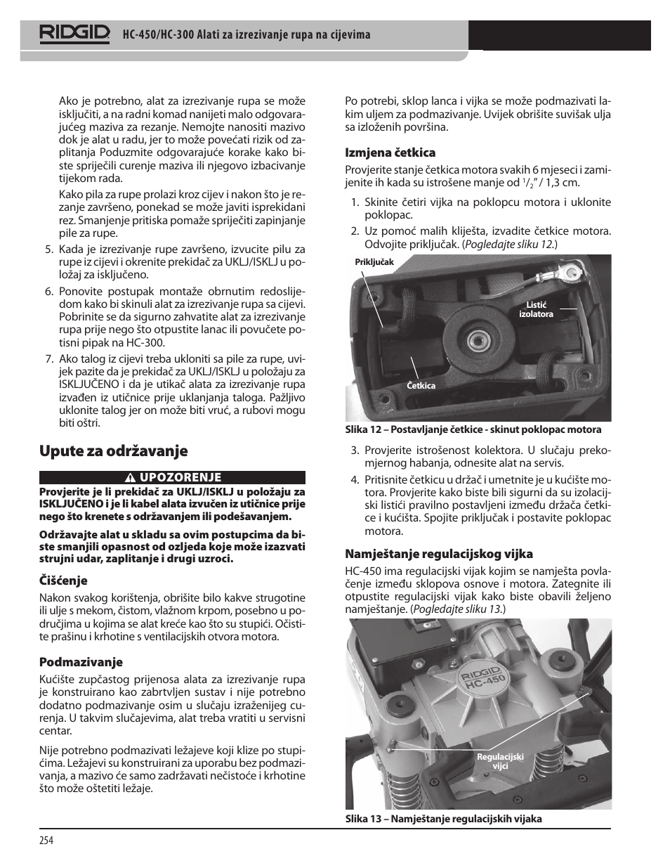 Upute za održavanje | RIDGID HC-300 User Manual | Page 256 / 320