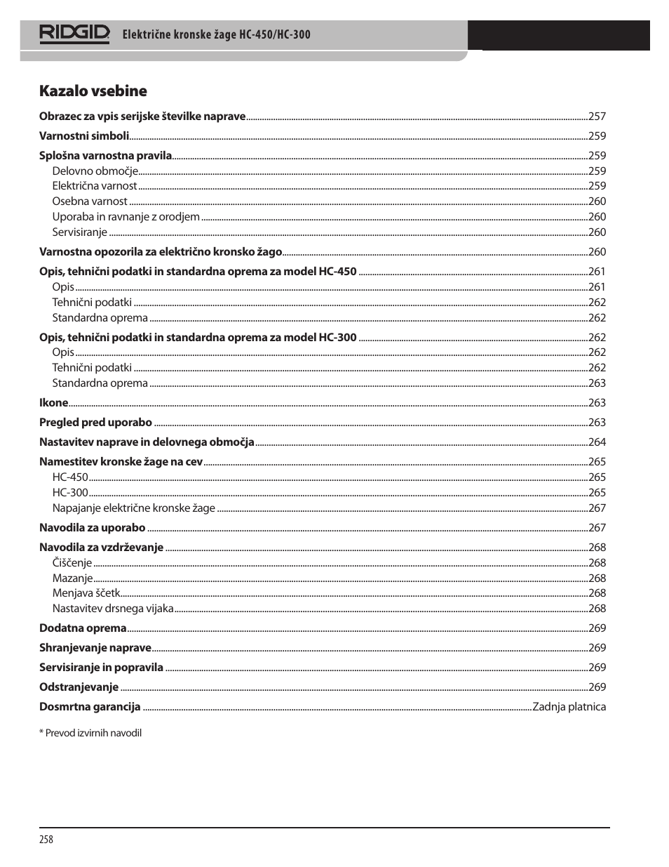 Kazalo vsebine | RIDGID HC-300 User Manual | Page 260 / 320