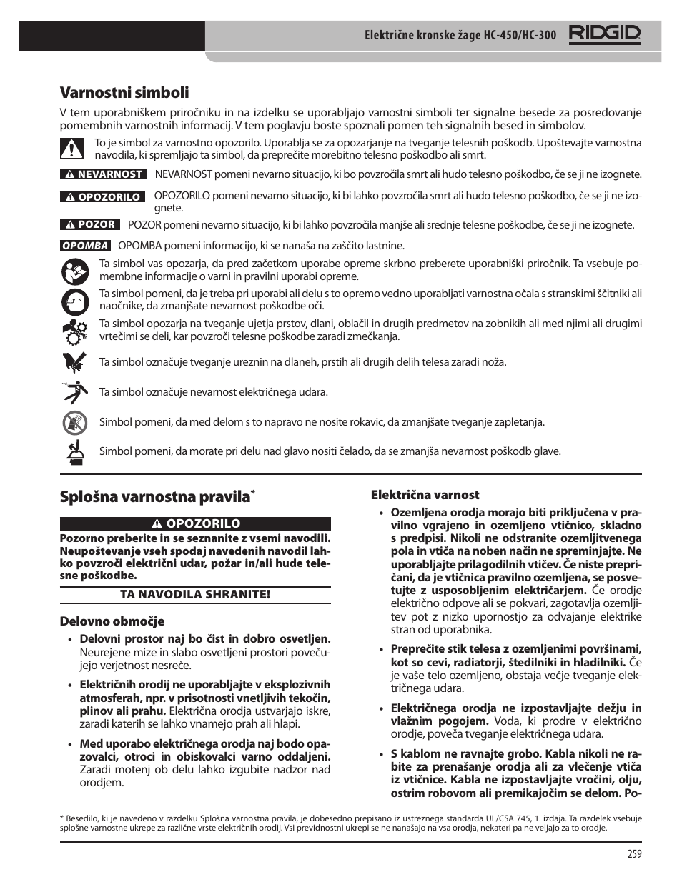 Varnostni simboli, Splošna varnostna pravila | RIDGID HC-300 User Manual | Page 261 / 320