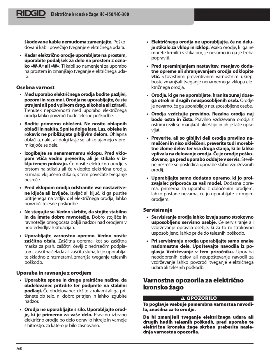 Varnostna opozorila za električno kronsko žago | RIDGID HC-300 User Manual | Page 262 / 320