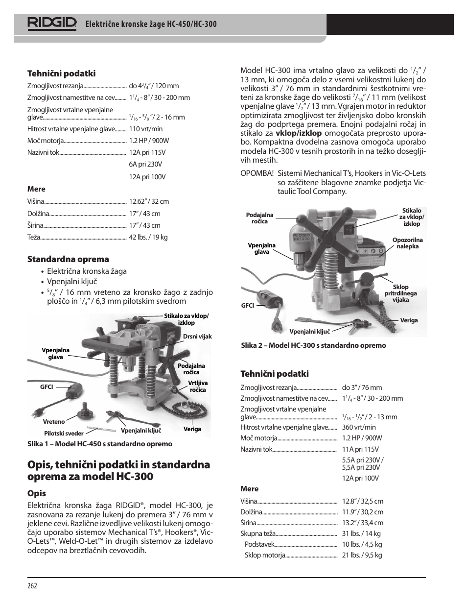 Tehnični podatki, Standardna oprema, Opis | RIDGID HC-300 User Manual | Page 264 / 320