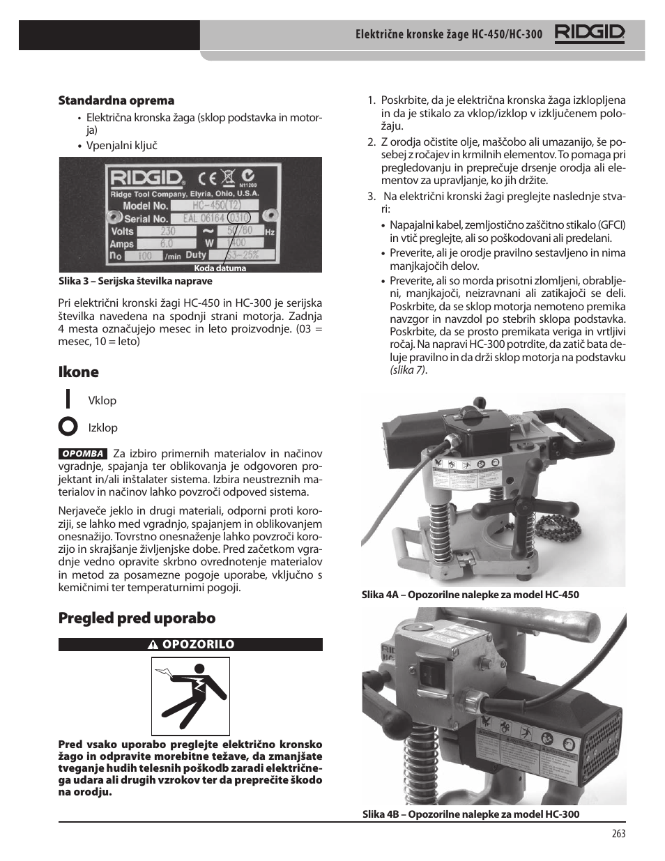 Ikone, Pregled pred uporabo | RIDGID HC-300 User Manual | Page 265 / 320