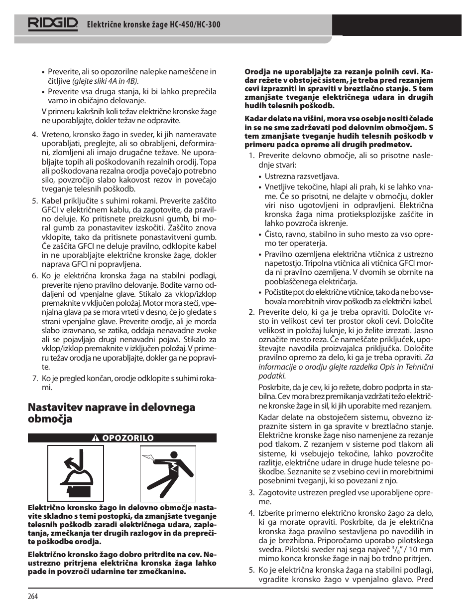 Nastavitev naprave in delovnega območja | RIDGID HC-300 User Manual | Page 266 / 320