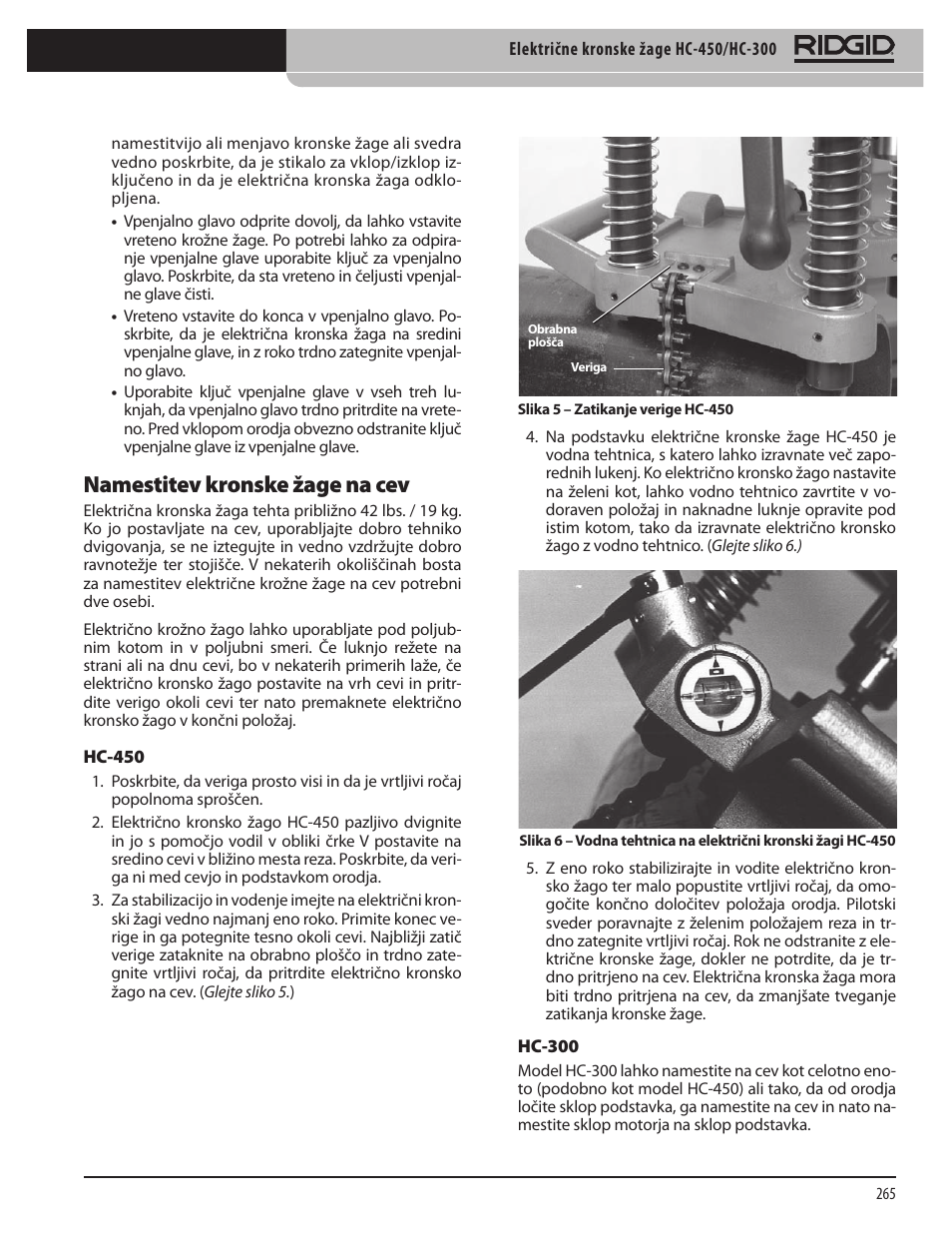Namestitev kronske žage na cev | RIDGID HC-300 User Manual | Page 267 / 320