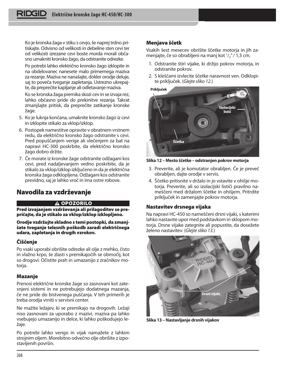 Navodila za vzdrževanje | RIDGID HC-300 User Manual | Page 270 / 320