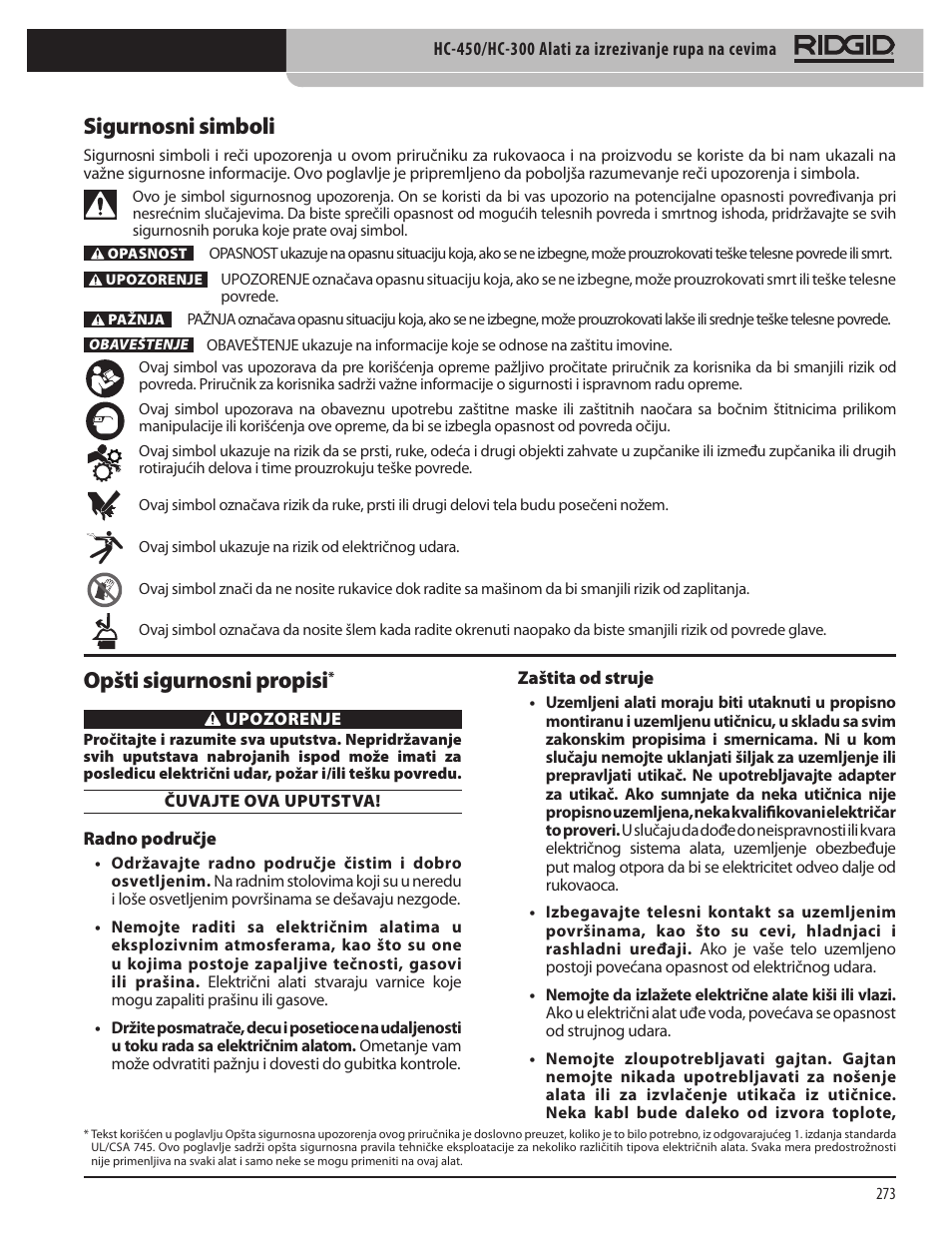Sigurnosni simboli, Opšti sigurnosni propisi | RIDGID HC-300 User Manual | Page 275 / 320