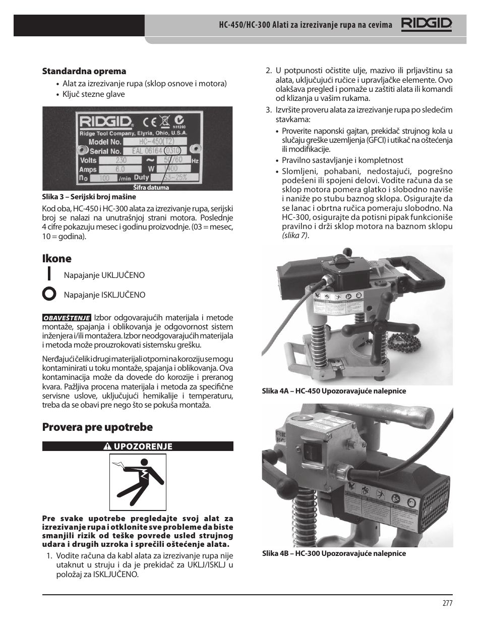 Ikone, Provera pre upotrebe | RIDGID HC-300 User Manual | Page 279 / 320