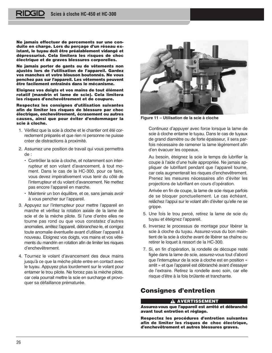 Consignes d’entretien | RIDGID HC-300 User Manual | Page 28 / 320
