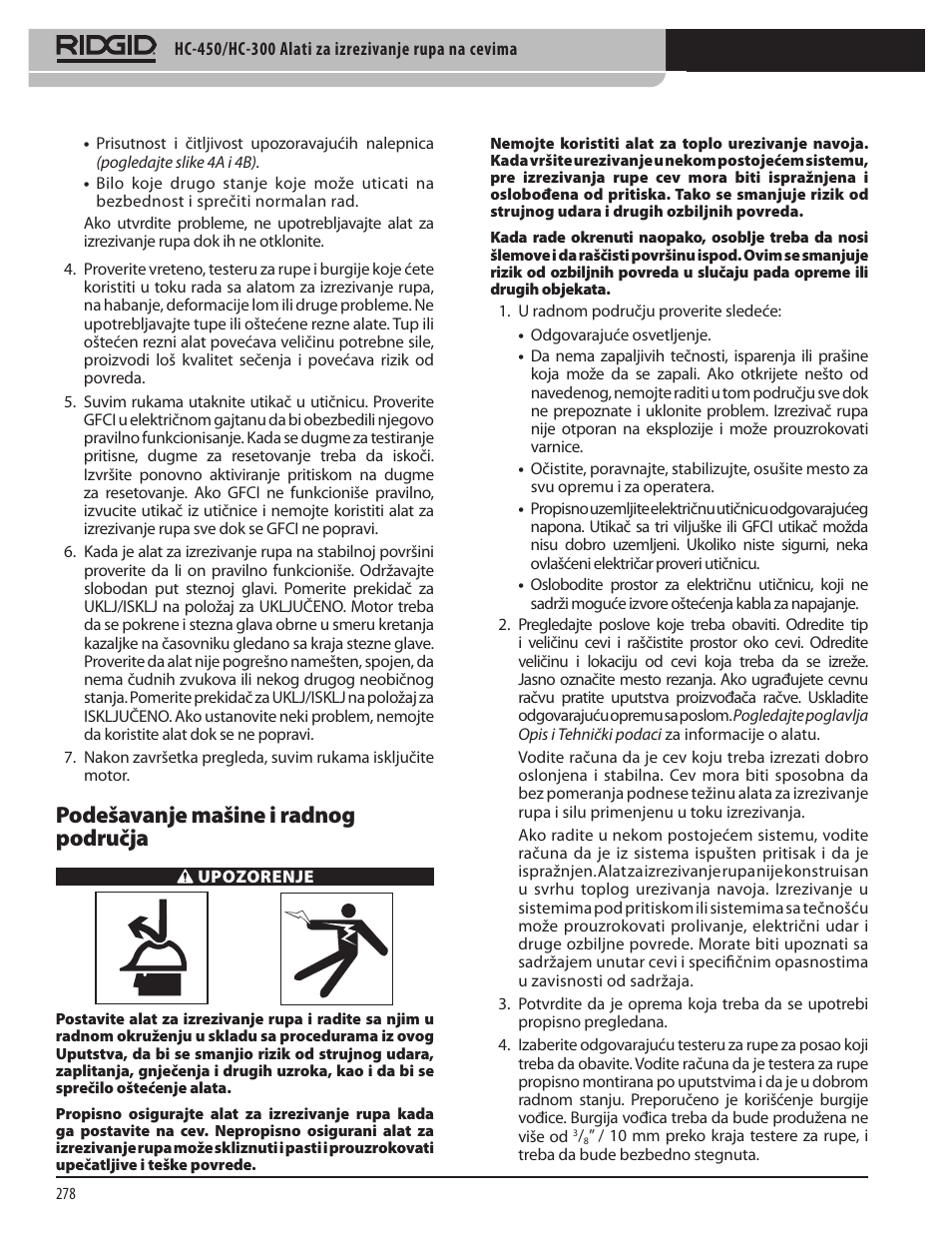 Podešavanje mašine i radnog područja | RIDGID HC-300 User Manual | Page 280 / 320