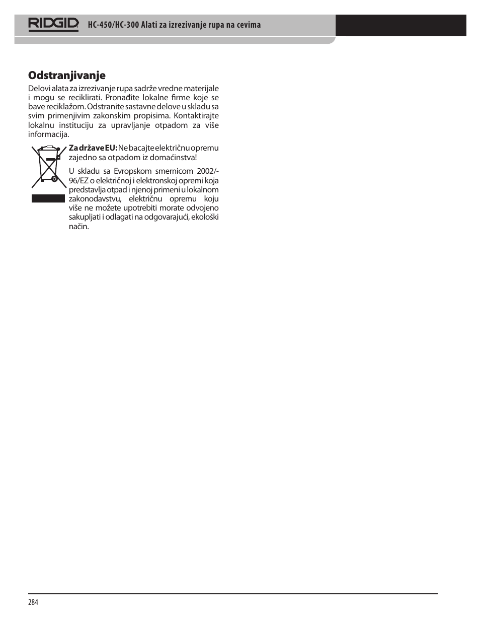 Odstranjivanje | RIDGID HC-300 User Manual | Page 286 / 320